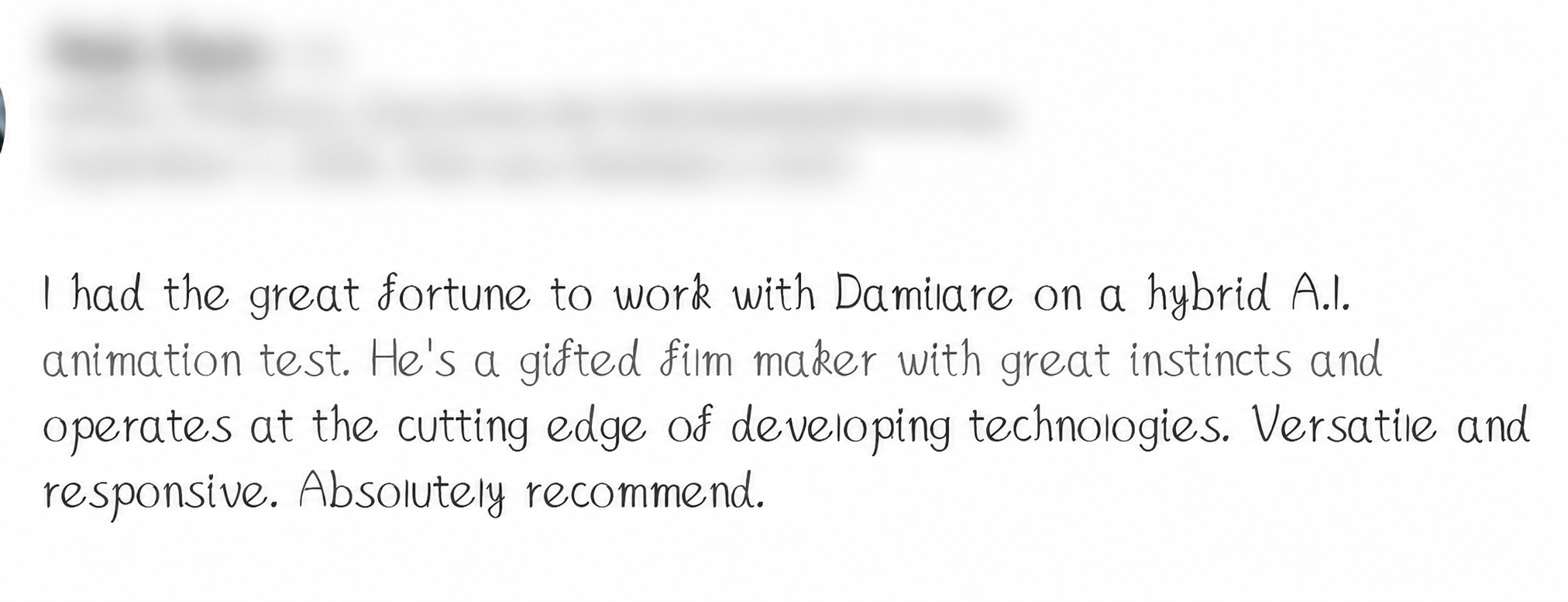 Client recommendation for a hybrid AI animation test, with identifying header blurred