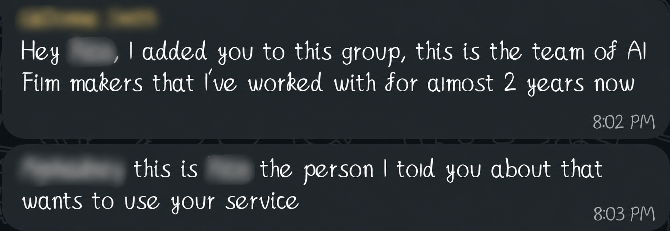 Client referral message with participant names blurred